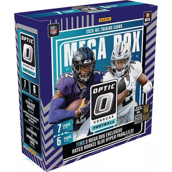Boîte Méga de Football Panini Donruss Optic Remise à Neuf, Édition 2025, Bleu, 140 Cartes avec Parallèles Hyper Bleus Recrues Classés et Cartes Autographes Ou Souvenirs, 2-18938-20