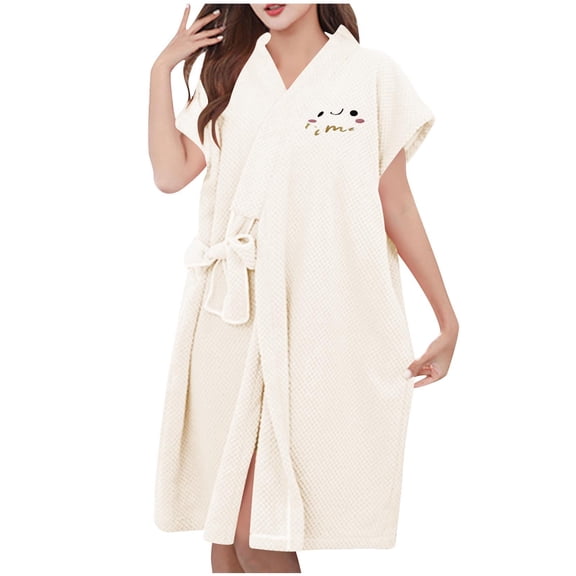 Raeneomay Women's Waffle Knit Home Spa Bathrobe,Short Sleeve V-Neck Absorbent Quick Dry Tie Waist Loungewear Robe