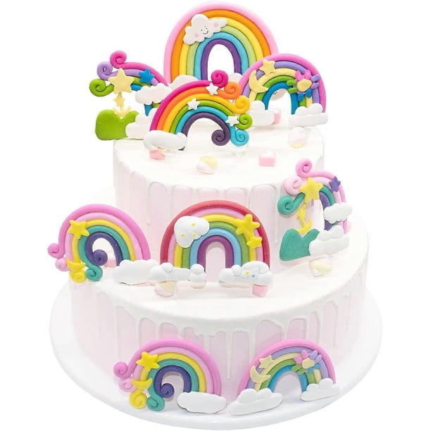 9 Pcs Rainbow Clouds Cake Topper Picks Soft Pottery Cupcake Toppers 3D Mix Rainbow Clouds Cake Topper Birthday Cupcake Toppers Cake Decorations Suppli