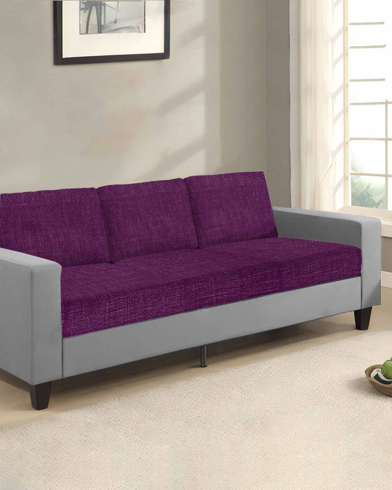 Purple Burlap Texture Couch Cushion Covers Stretch, Washable Sofa Seat Covers Individual Seat Cushion Sofa Slipcovers Farmhouse Vintage Purple Couch Cover Furniture Protector S-3PCS