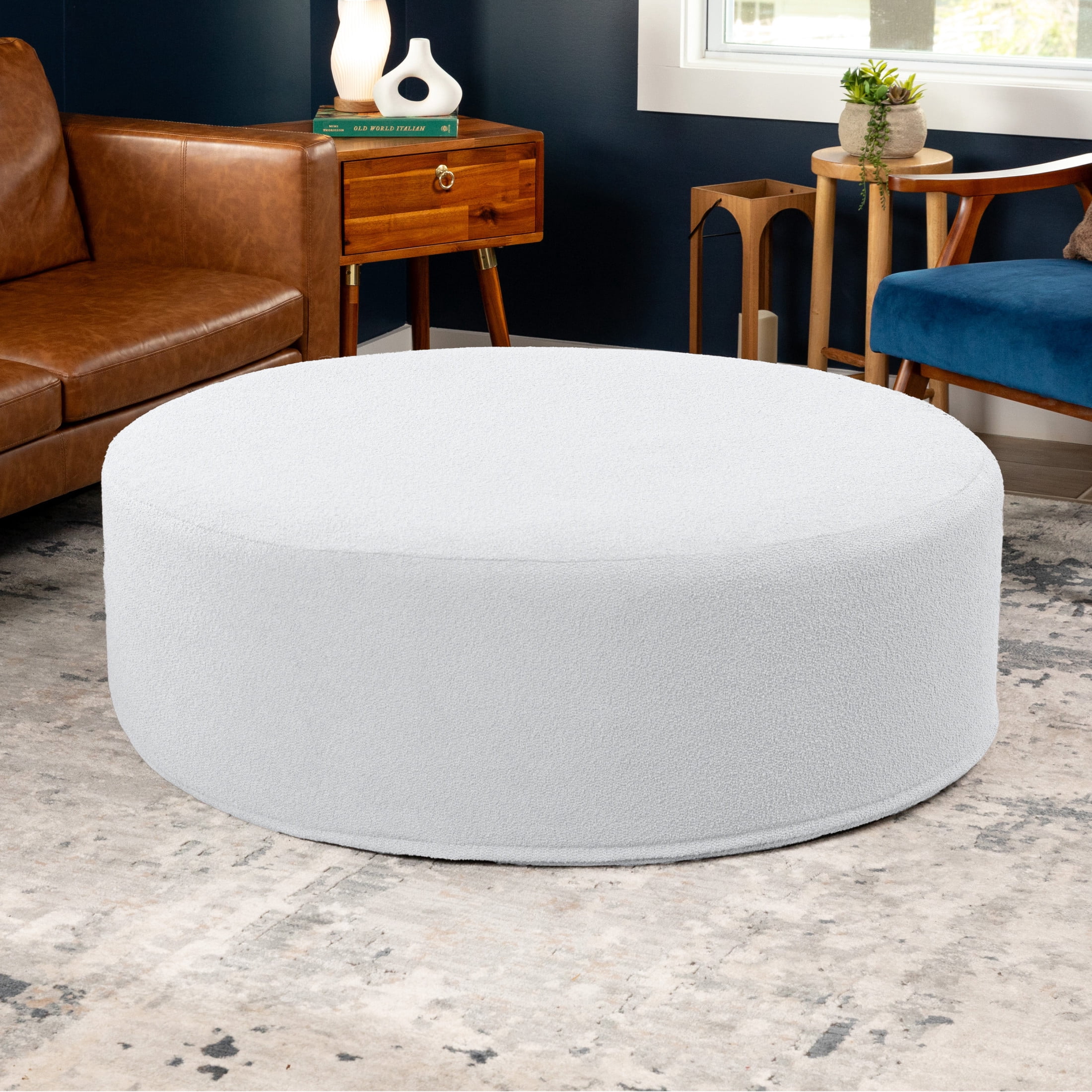 Jaxx Candler Round Coffee Table Ottoman, Oversized, 44-Inch, Boucle White