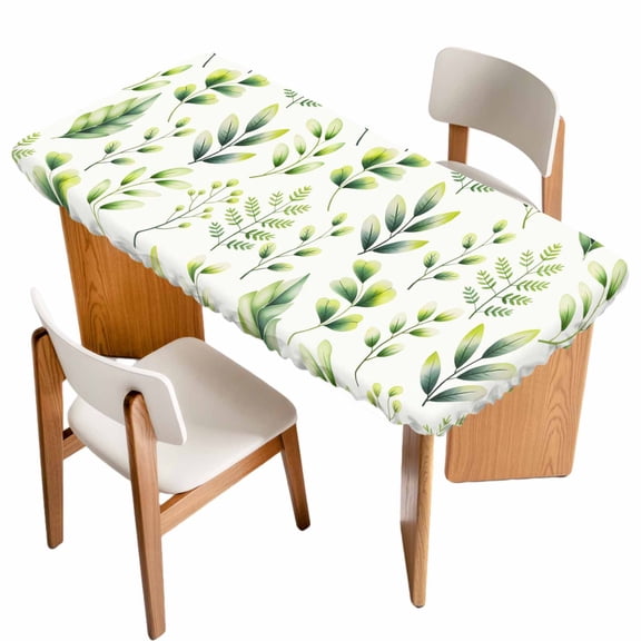 Sage Green Leaves Table Cloths for 4 Foot Rectangle Tables, Summer Botanical Farmhouse Leaf Watercolor Patio Waterproof Elastic Fitted Tablecloths, Washable Rectangular Table Cover for Camping