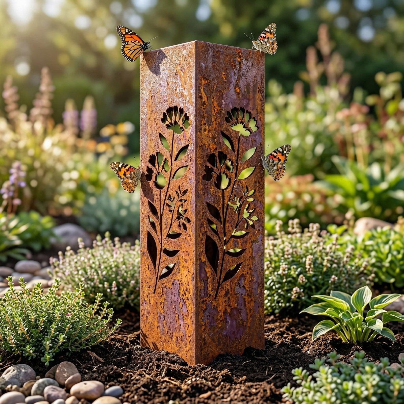 Rustic Garden Column Outdoor Metal Light Cover Sculpture Modern Statues Decor Natural Rustic Decor Weathered Steel Landscape Sculpture Outside Summer Art Walkway