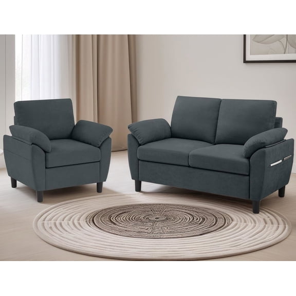 Soscana Modern Loveseat and Accent Chair 2 Piece Set, Small Couch Sofa Set with Wide Arms & Side Pockets, Comfy 2 Seater Sofa and 1 Seater Armchair Set for Apartment Living Room Office Studio