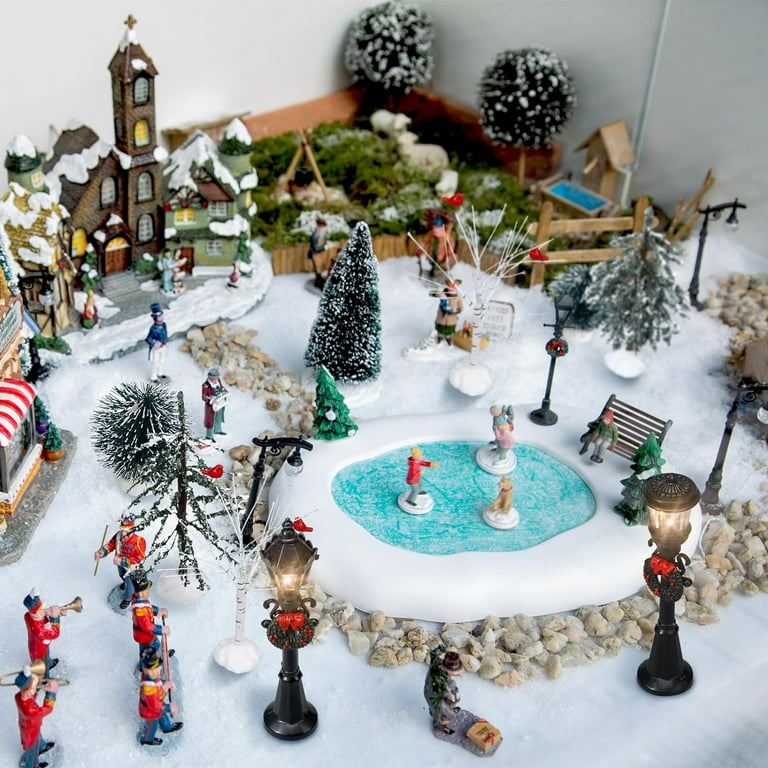 14 Pcs Christmas Accessories Village Figurine Miniature Pine Trees Snow  Artificial Christmas Trees Bare Branch Trees Street Lights Lamps for Xmas  DIY