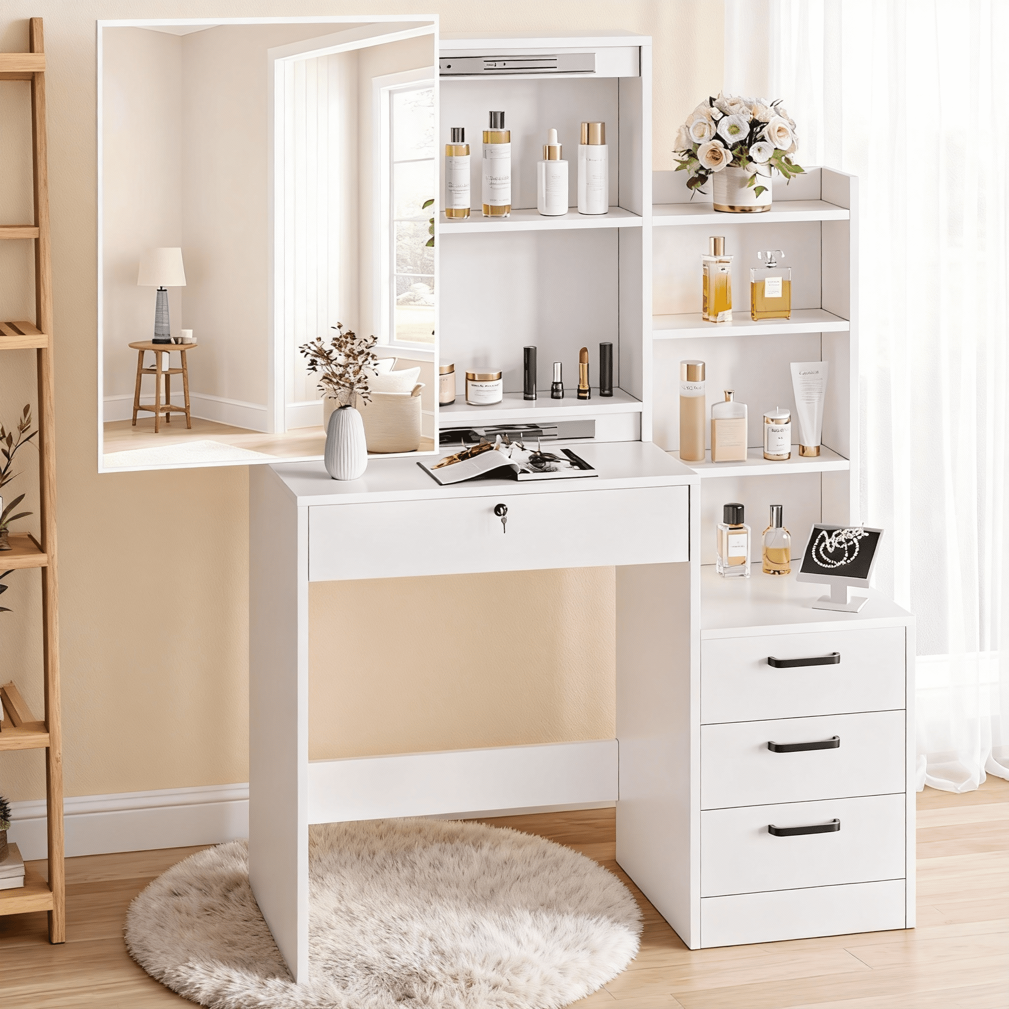 Fenbeli White Lighted Makeup Vanity Table with Sliding Sliding Mirror, Modern Dressing Table Desk with Storage for Bedroom, Size: One size Fenbeli White Lighted Makeup Vanity Table with Sliding Sliding Mirror, Modern Dressing Table Desk with Storage for Bedroom, Size: One size
