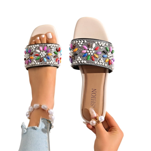 HTHLVMD Women's Rhinestone Slides, Colorful Gem Embellished Sandals, Women's Flat Sandals With Rhinestone Pearl Summer Casual Open Toe Slipper Beach Pool Vacation Slip On Slides 2026, Black 9