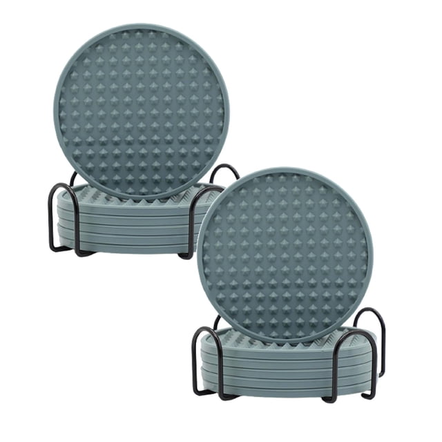 Oleegame 2PC Silicone For Drinks Round Cup Mat With Holder Stand Jar Pads With Deep Grooved Gray