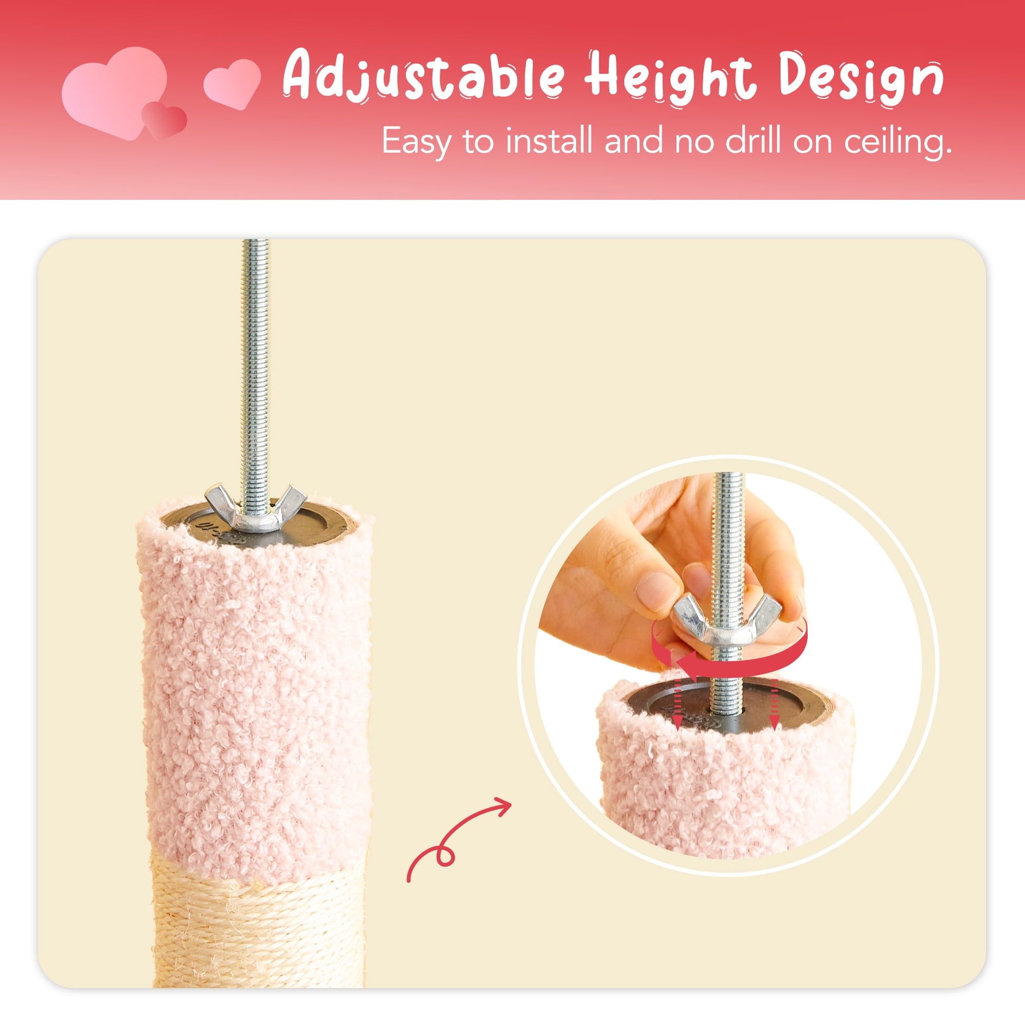 Furcato 92.1"-101.6" Adjustable Height Cat Tree, Floor to Ceiling Cat Tower, 7 Tiers Cat Climbing Tree with Hammock, Rose Pink