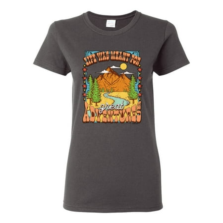 Wild Bobby Life Was Meant For Great Adventures Mountains Pine Trees Nature Lover Women Graphic Tee  Charcoal  Large
