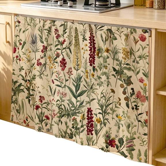 Rustic Botanical Cabinet Curtains 35"W x 35"L,Dustproof Sink Skirt Curtain for Kitchen Bathroom,Vintage Floral Wildflower Adhesive Desk Skirt Privacy Short Curtains for Office Closet Vanity Shoe Rack