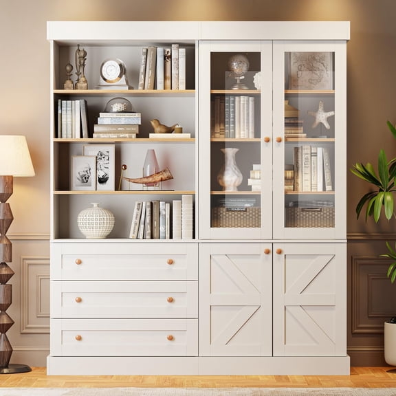 71" Tall Farmhouse Pantry Cabinet,Large Storage Cabinet with Adjustable Shelves ,Wood Versatile Hutch Cabinet With Glass Doors and Drawers for Dining Room,Living Room,White