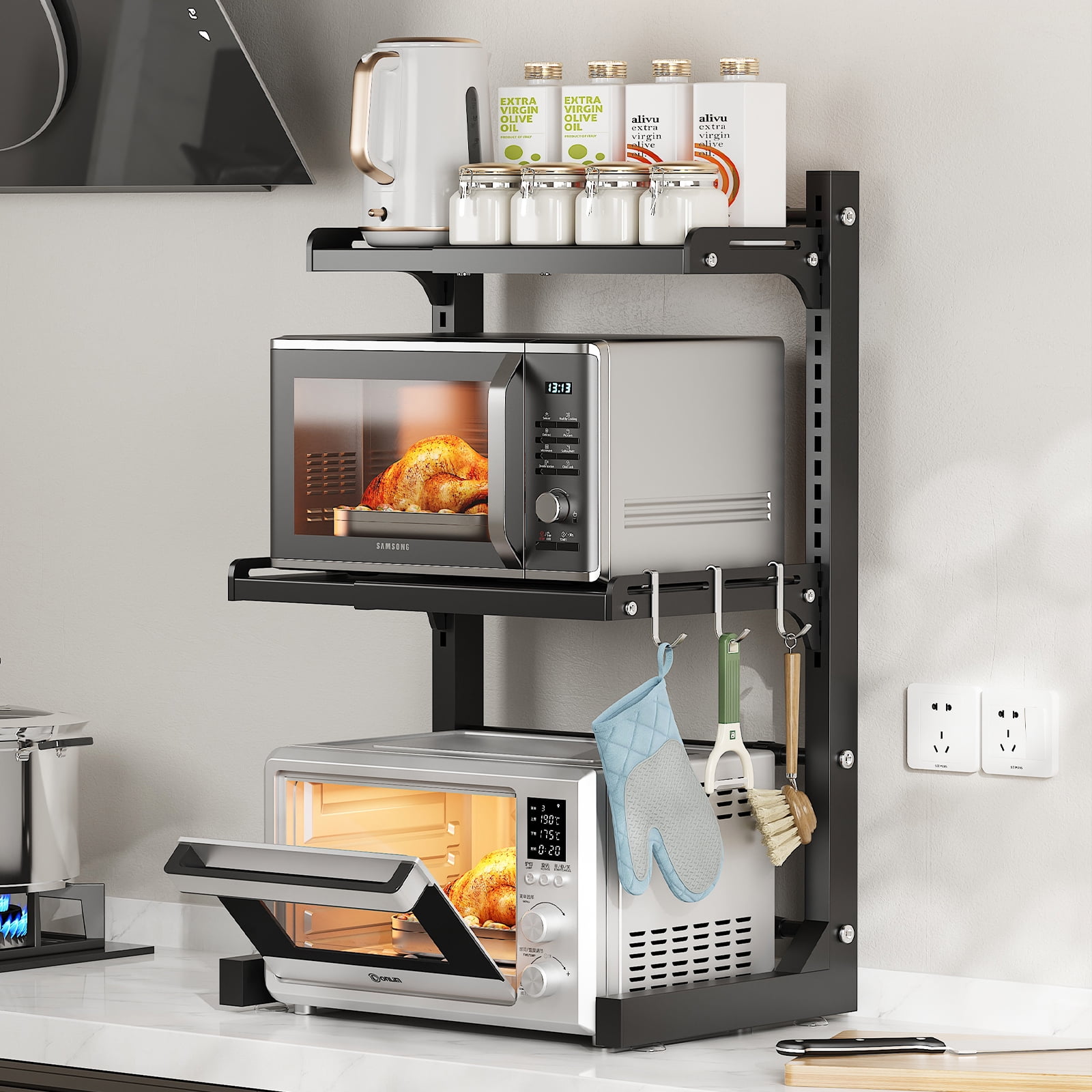 ABCOOL Retractable Adjustable 2 Axial Snap-in Kitchen Baker Microwave Oven Rack, 2 Tier Expandable and Height Adjustable Carbon Steel Shelf Counter Countertop with 3 Clip Hooks, Electric Oven Holder