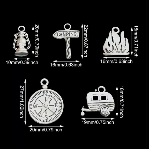 U8MO Camping Charms Antiqued Silver Themed Pendants Set Mixed Jewelry Making Lot 5pcs