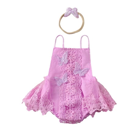 

Mioliknya Baby Girl Outfit Sleeveless Tulle Patchwork Butterfly Romper Hairband