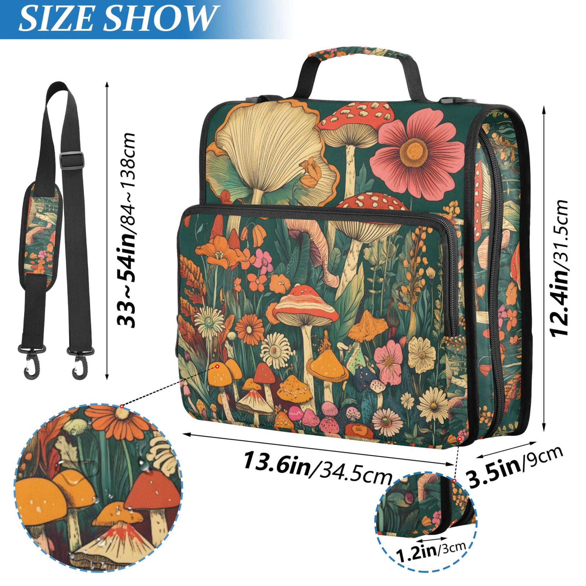 FORMRS Zipper Binder with Shoulder Strap 2-inch Ring 500 Sheet Capacity File Bag, Floral Mushroom