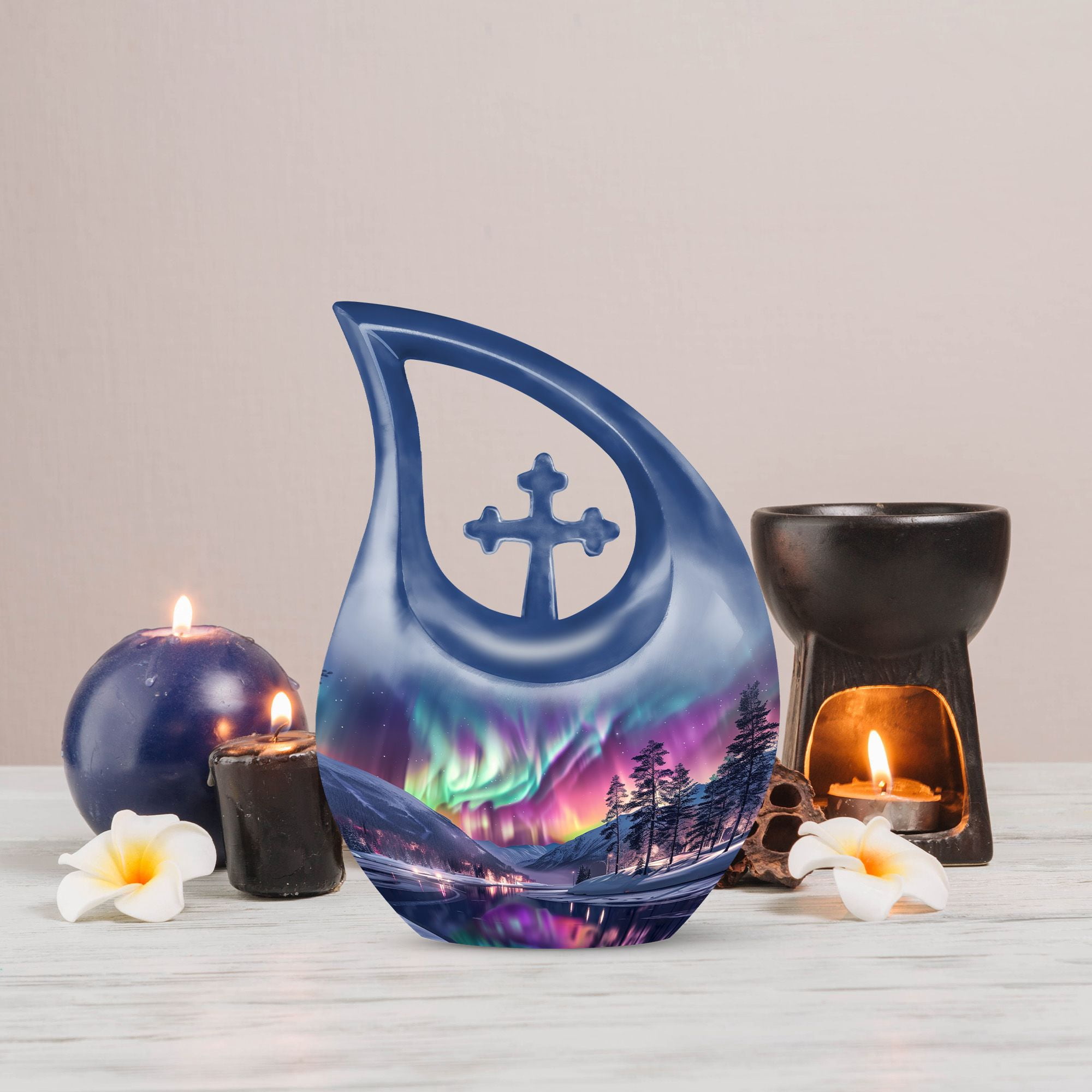 MUKTIVE Aurora Borealis Memorial Urns for Adult Male - Large Purple Funeral Urn for Ashes for Women - Cross Drop Cremation Urn - Decorative Northern Light Urns for Burial - 10 Inch