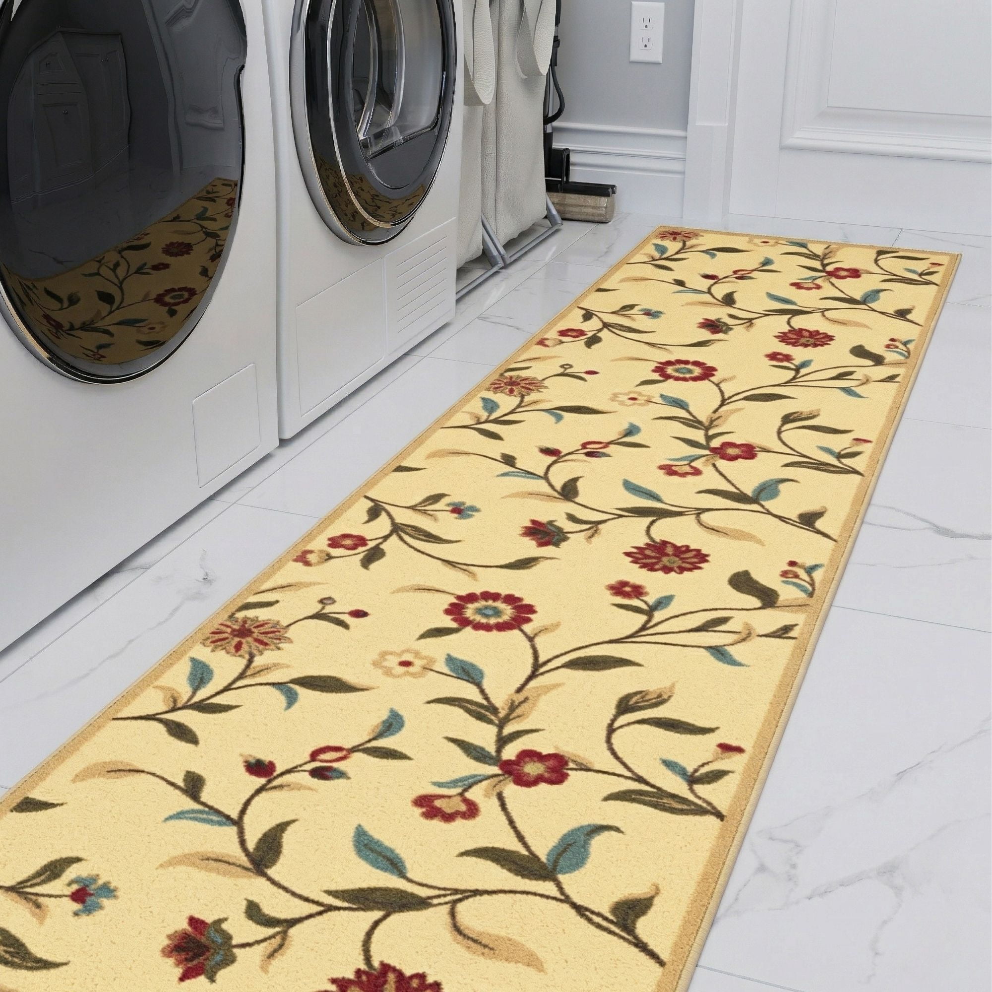 Ottomanson Extra Long Runner Rug 1'10.5" x 29' – Non-Slip Low Pile Hallway Carpet, Floral Beige