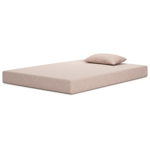 Signature Design by Ashley Twin Size iKidz 7 Inch Firm Memory Foam Mattress with Stretch Knit Cover & Pillow Included, Pink Coral