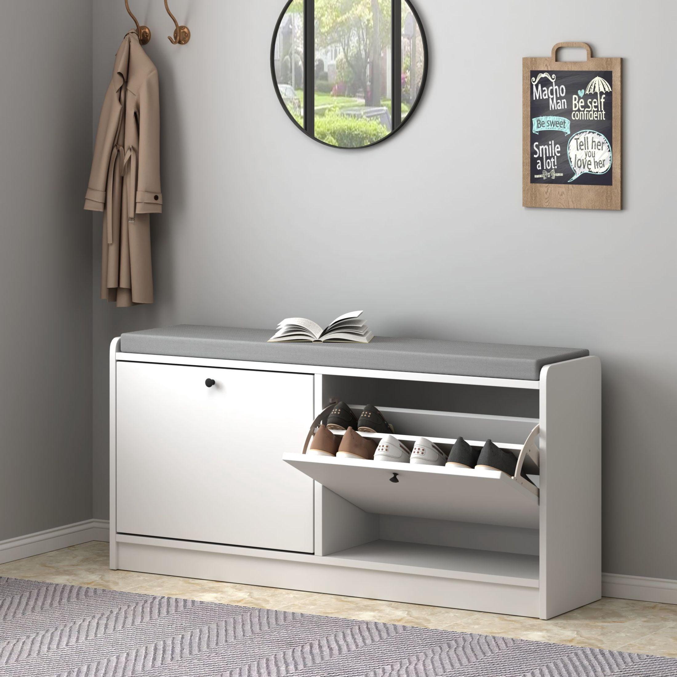 Noble House Tamara 40" Entryway Shoe Storage Bench, Cushioned Wooden Shoe Cabinet with Adjustable Shelves, White