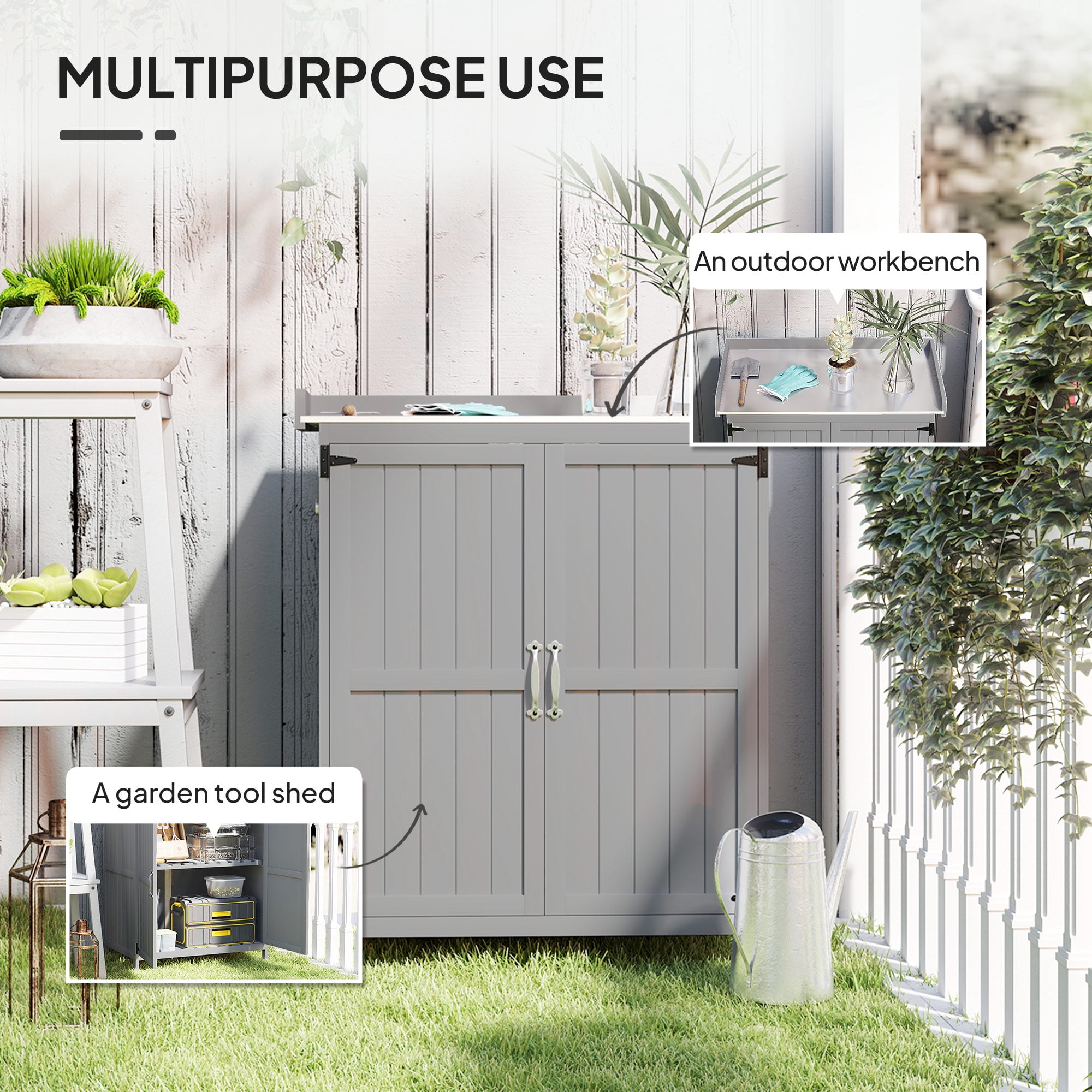 Outsunny Outdoor Garden Shed, Wooden Backyard Shed with Metal Tabletop, Shelf and 2 Doors for Patio, Lawn, Gray