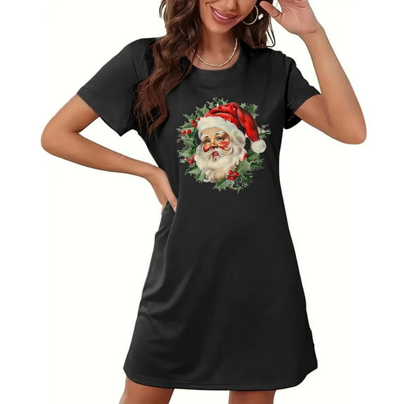 Sakmal Black Moomoo Nightgowns Women Ultra-Soft Cute Plus Size Christmas Sleepshirt Short Sleeve Short Santa Claus Print Crew Neck Nightgowns S-2XL