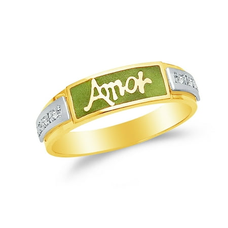Enamel Gold Tone Ring (Men's Solid 14k Two 2 Tone White and Yellow Gold Green Enamel Amor Wedding Band, CZ Cubic Zirconia (0.1 ct.) , Size)
