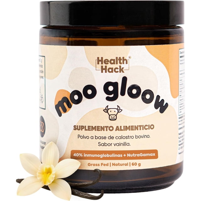 Moo Glow Suplemento de Calostro Bovino en Polvo Health Hack con NutraGamax 45 Grass-Fed 40% Inmunoglobulinas Sabor Vainilla 60 g