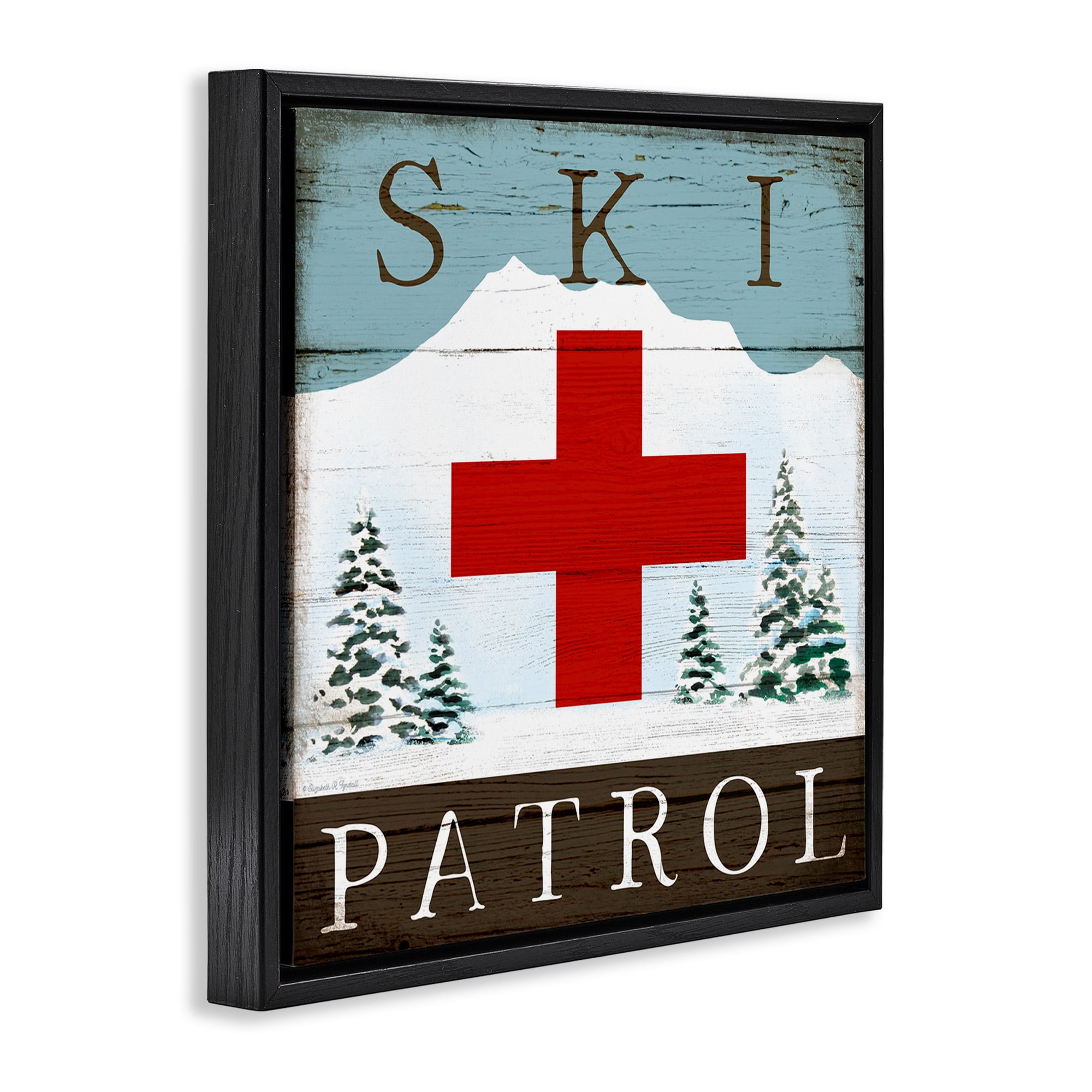 Stupell Industries Ski Patrol Rustic Cabin Sign Sports Painting Black Floater Framed Canvas Art Print Wall Art, 18 x 18