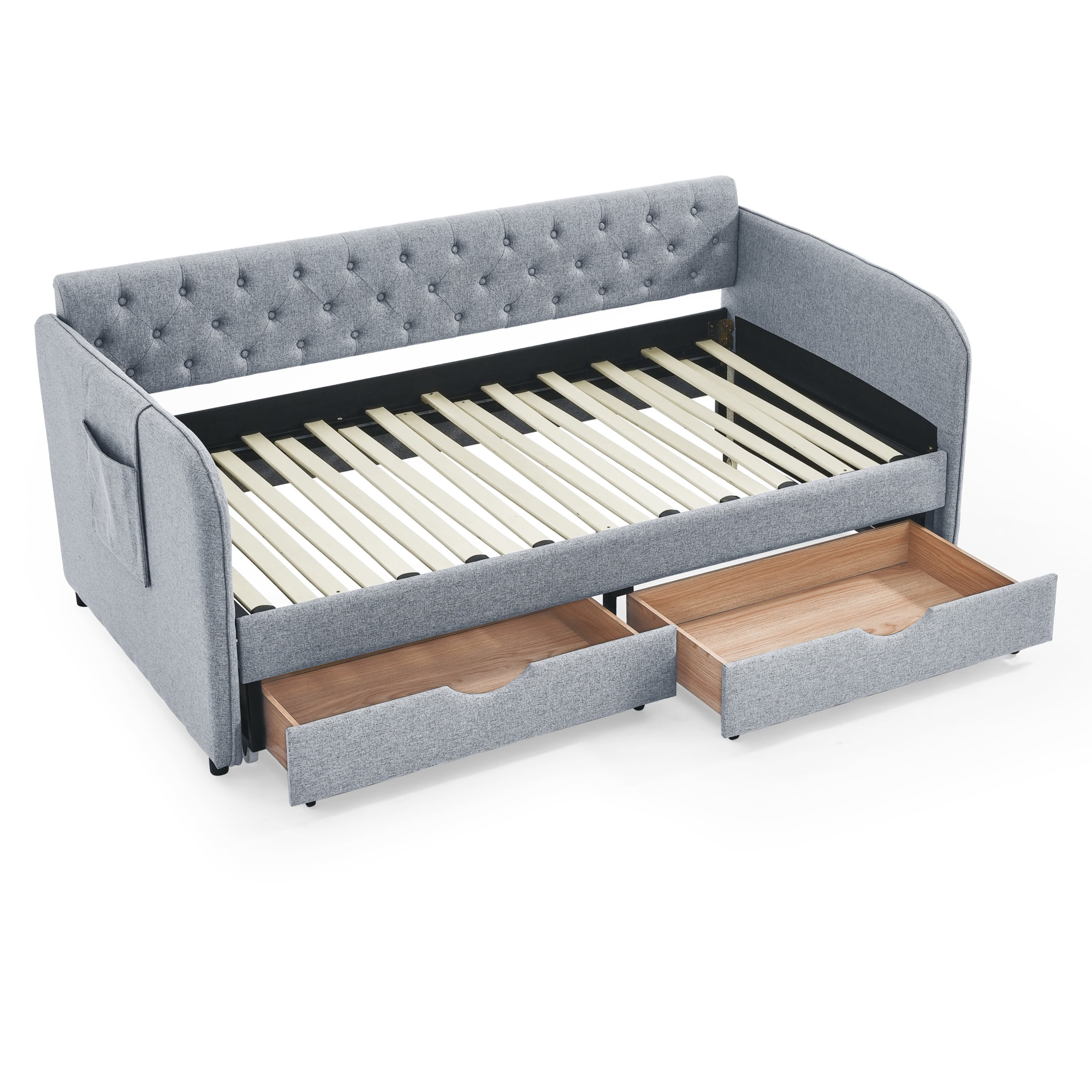 Noble House Nevaeh Twin Upholstered Linen Daybed, Extendable Twin to King Trundle Bed Frame with Storage Drawers, Gray
