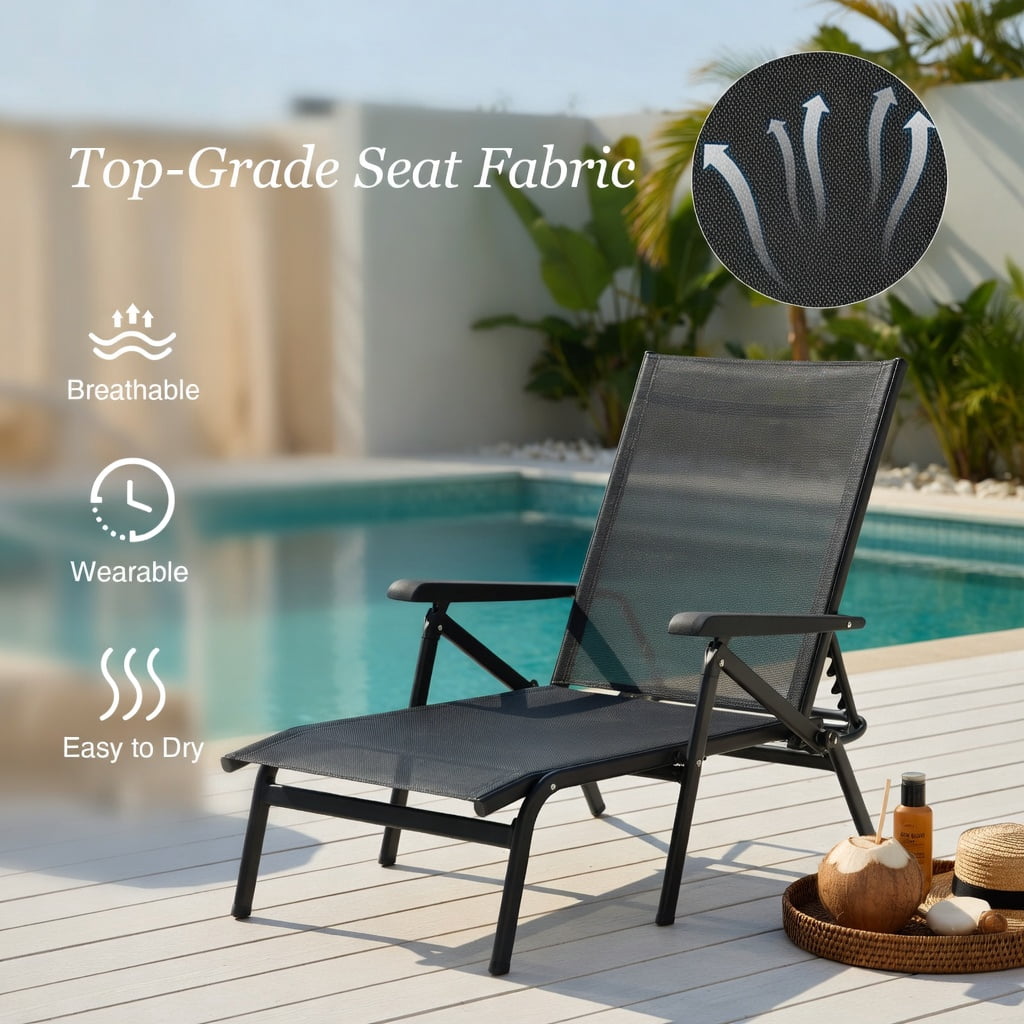 Hommoo 2-Pack Foldable Chaise Lounge Chair with 5-Position Reclining Backrest & 2-Position Adjustable Footrest, Heavy-Duty Steel Frame Patio Lounger for Poolside, Garden & Deck, Black