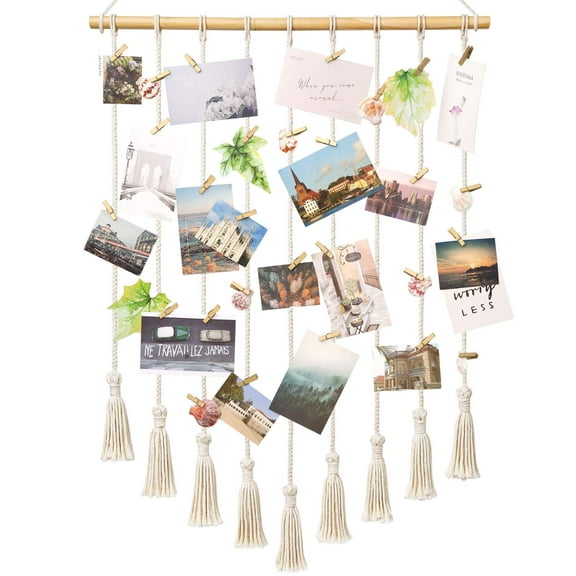 Ksopiavobs Hanging Photo Display Boho Teen Girl Women Gift Macrame Wall Hanging Pictures Cards Holder Wall Art for Bedroom Livingroom Dorm Home, with 40 Wood Clips, 37" L x 23.6''W