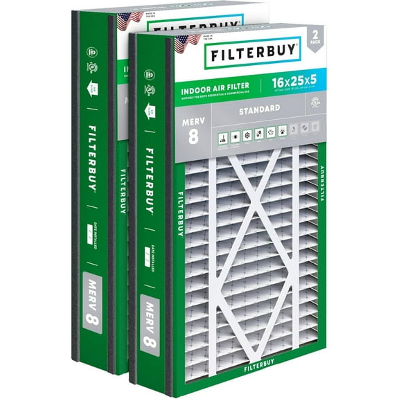 Filterbuy 16x25x5 MERV 8 Dust Defense, Pleated HVAC AC Furnace Air Filters for Trion Air Bear 255649-105 and More (2-Pack)