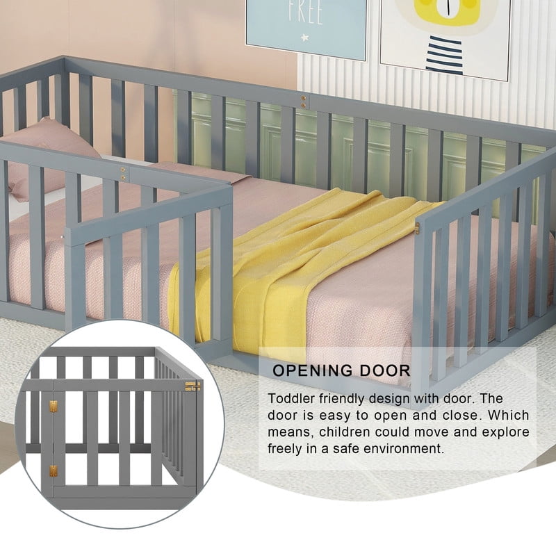 Twin Size Wood Floor Bed with Door & Fence, Montessori Bed Frame with Full Length Safety Guardrails, Wood Twin Bed with Slats, No Box Spring Needed-Gray