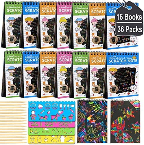 16 Pack Scratch Note Pads Scratch Art Notebooks Rainbow Scratch Paper with 4 Drawing Stencils for Kids Arts and Crafts Perfect Travel Activity or Gift for Girls Boys Teens