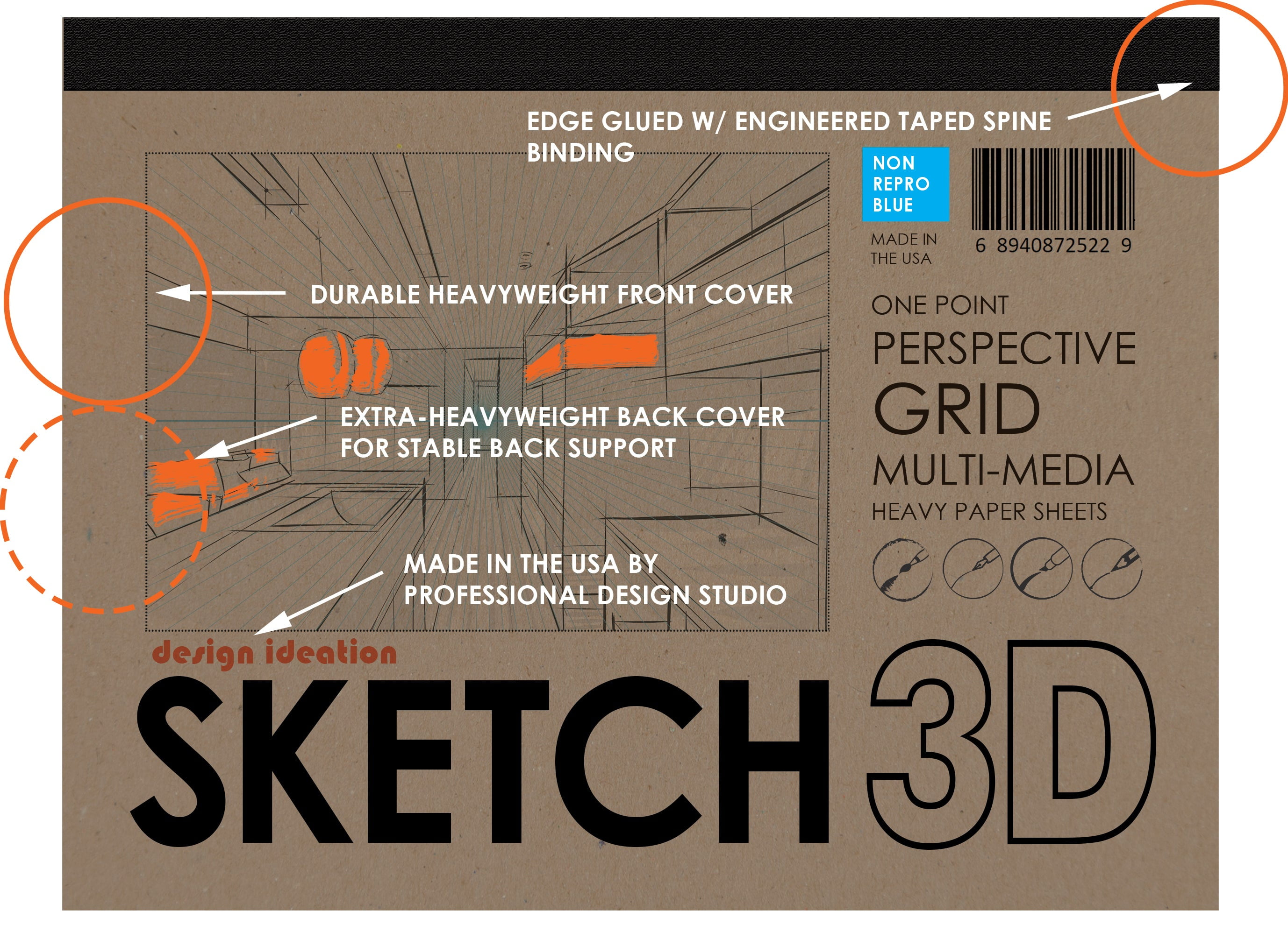 Perspective Grid Pad. Removable Sheets. Mixed Media Paper. Reinforced Lay Flat Binding. 1 Point. Blue. (8.5" X 11") PAD-2550-TS-H (2 Pads)