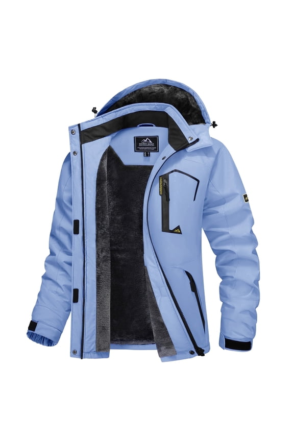 Women's Winter Waterproof Windproof Snow Ski Jackets Warm Thermal Fleece Thick Hooded Coat with Multi-Pockets for Outdoor Hiking Snowboarding Light Blue XL