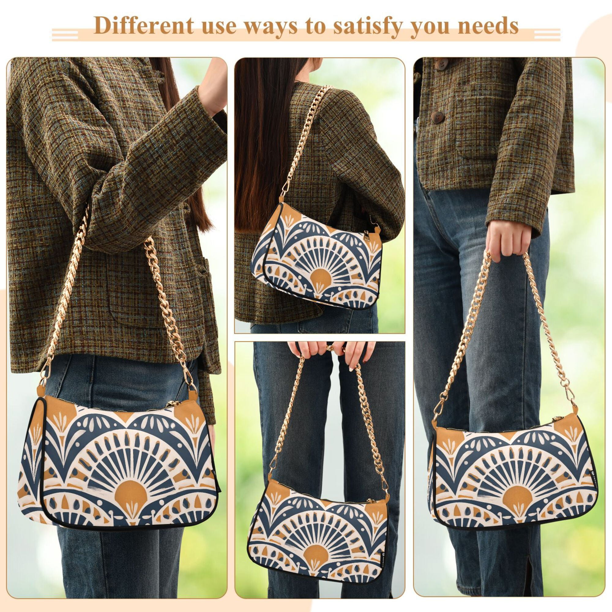FORMRS Womens Shoulder Bag with Chain Strap Clutch Purse Cute Tote Handbag, Orange Art Pattern