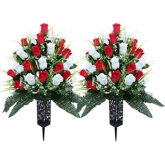 Artificial Flowers for Cemetery, 48 Heads Artificial Rose Bouquet Graveyard Memorial Silk Flowers for Cemetery Flower Arrangement with Vase for Headstone Decor Outdoor (Red & White)