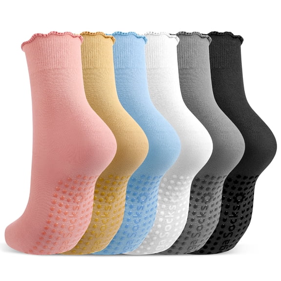 Bocaoying 6 Pairs Non-Slip Yoga Socks for Women, Full Foot Grip Pilates Socks with Ruffle Design, Medium Crew Sports Socks, Lettuces socks 6-11, Anti-Skid Socks, Black/Blue/Pink/Khaki/White/Gray