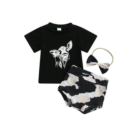 

wybzd Baby Girl Cow Head Print Short Sleeve T-shirt Tops Cow Print Shorts with Bow Headband 3PCS Set 0-24 Months