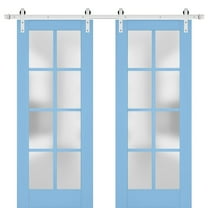 Sturdy Double Barn Door with Frosted Glass | Veregio 7412 Aquamarine | 13FT Rail Hangers Heavy Set | Solid Panel Interior Doors-36" x 96" (2* 18x96)-Silver Rail