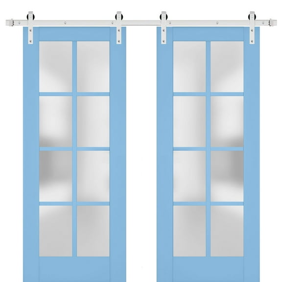 Sturdy Double Barn Door with Frosted Glass | Veregio 7412 Aquamarine | 13FT Rail Hangers Heavy Set | Solid Panel Interior Doors-36" x 96" (2* 18x96)-Silver Rail