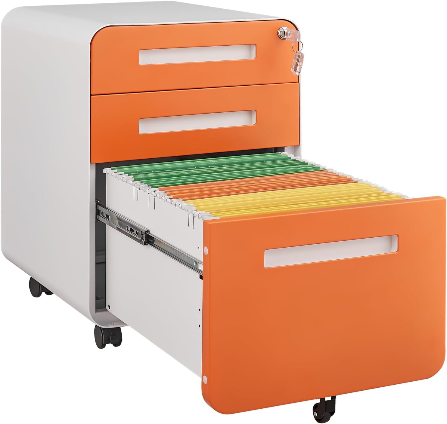 3-Drawer Mobile File Cabinet with Lock, Under-Desk Steel Rolling Cabinet for A4, Letter & Legal Files, 5-Wheel Anti-Tilt, Fully Assembled, Home Office, Orange