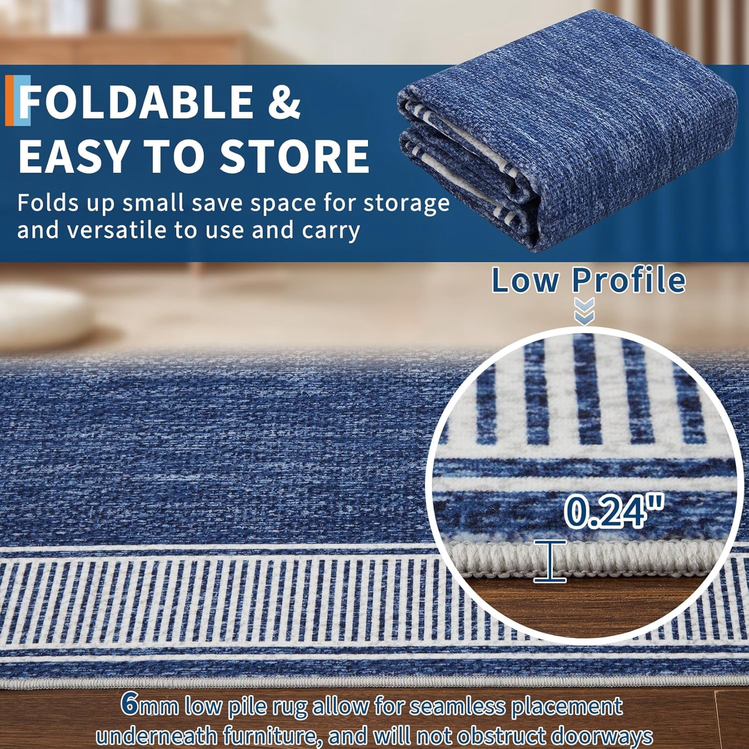 Memoryfield Modern Bordered 8' x 10' Area Rug, Washable Soft Non Slip Low Pile Stain Resistant Carpet Rugs, for Living Room Dining Room, Blue