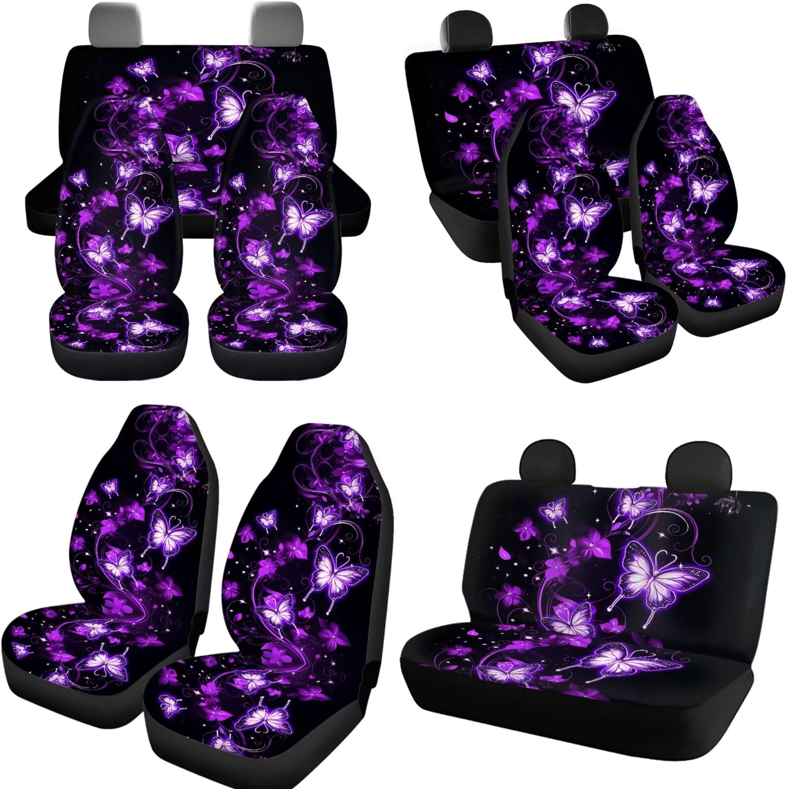 Jeiento 11 Pack Car Seat Covers Full Set for Women Men, Auto Interior Accessories with Keychain Coasters Gear Shift Cover Handbrake Cover Headrest Cover, Purple Butterfly Pattern