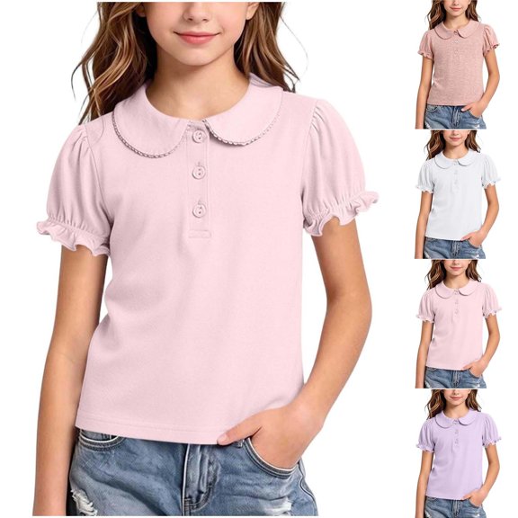 BXJX Girls Cotton T-shirts Size 7-8 T, Short Sleeve Casual School Peter Pan Collar Kids Tees with Ruffle Pink