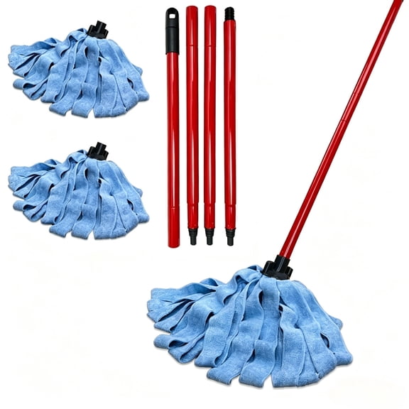 Microfiber Cloth Mop,One Adjustable Mop Handle with Two Blue Microfiber Cloth Heads Compatible with All Standard US Threading Pole Handle