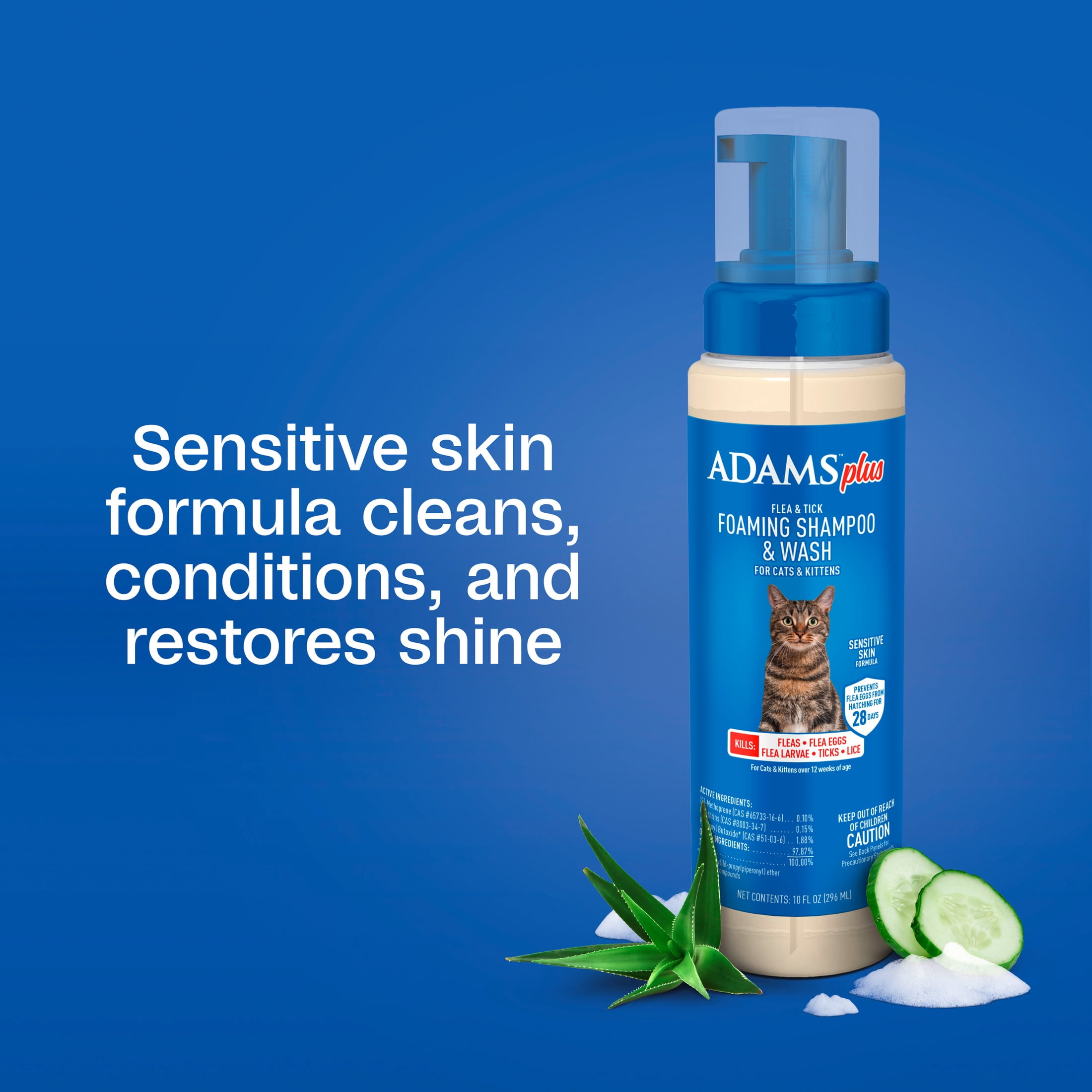 ADAMS Plus Flea & Tick Foaming Shampoo & Wash for Cats & Kittens Over 12 Weeks, Sensitive Skin Flea Treatment for Cats & Kittens, Kills Adult Fleas, Ticks and Lice On Contact, 10 Fluid Ounces