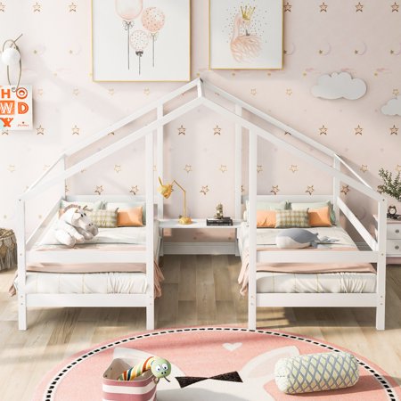 CCBUY Double Twin Bed for Kids  Teen  Wooden Triangular 2 in 1 House Beds Frame Built-in Table  No Box Spring Needed (White)